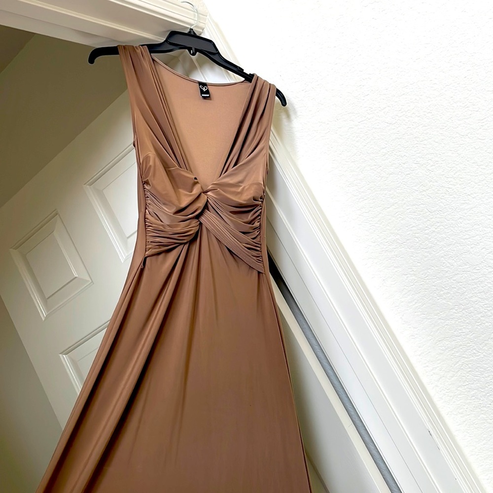 Tan/brown maxi dress, very soft/silky feel, with a liner underneath